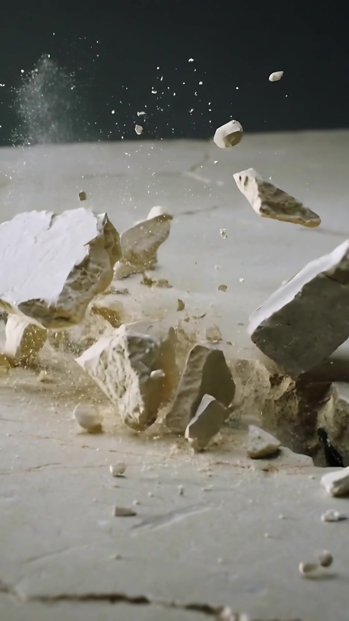 Video verticale: Superficie di intonaco che si crepa, la frattura si allarga in studio, espellendo polvere e frammenti.