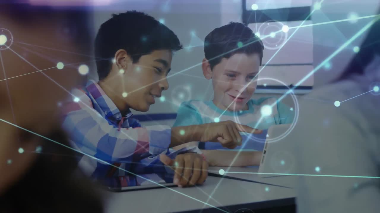 Animation of network of connections with icons over students at school