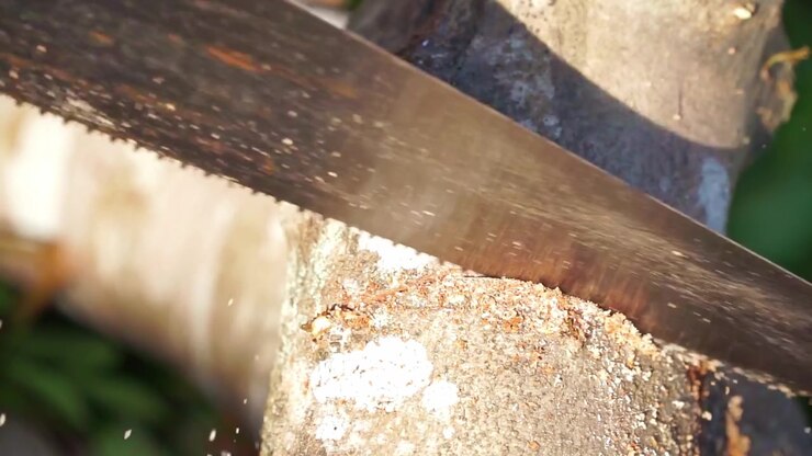 hand saw cutting through wooden log, sawdust flying, carpentry and woodworking process, outdoor workshop footage scene.