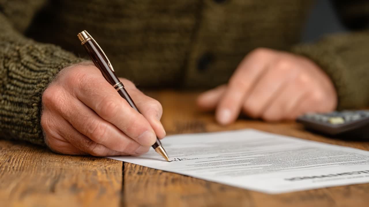 Close-Up of Hand Signing a Document with a Pen on a Wooden Table, Showing Intent and Focus in a Work or Formal Setting with Relevant Office Supplies Nearby