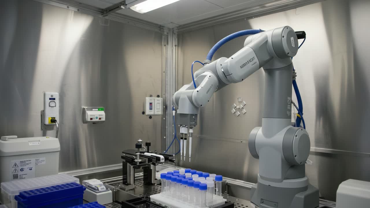Advanced Robotic Arm in Laboratory Setting Performing Automated Liquid Handling with Precision Pipetting Technology for Scientific Research Applications