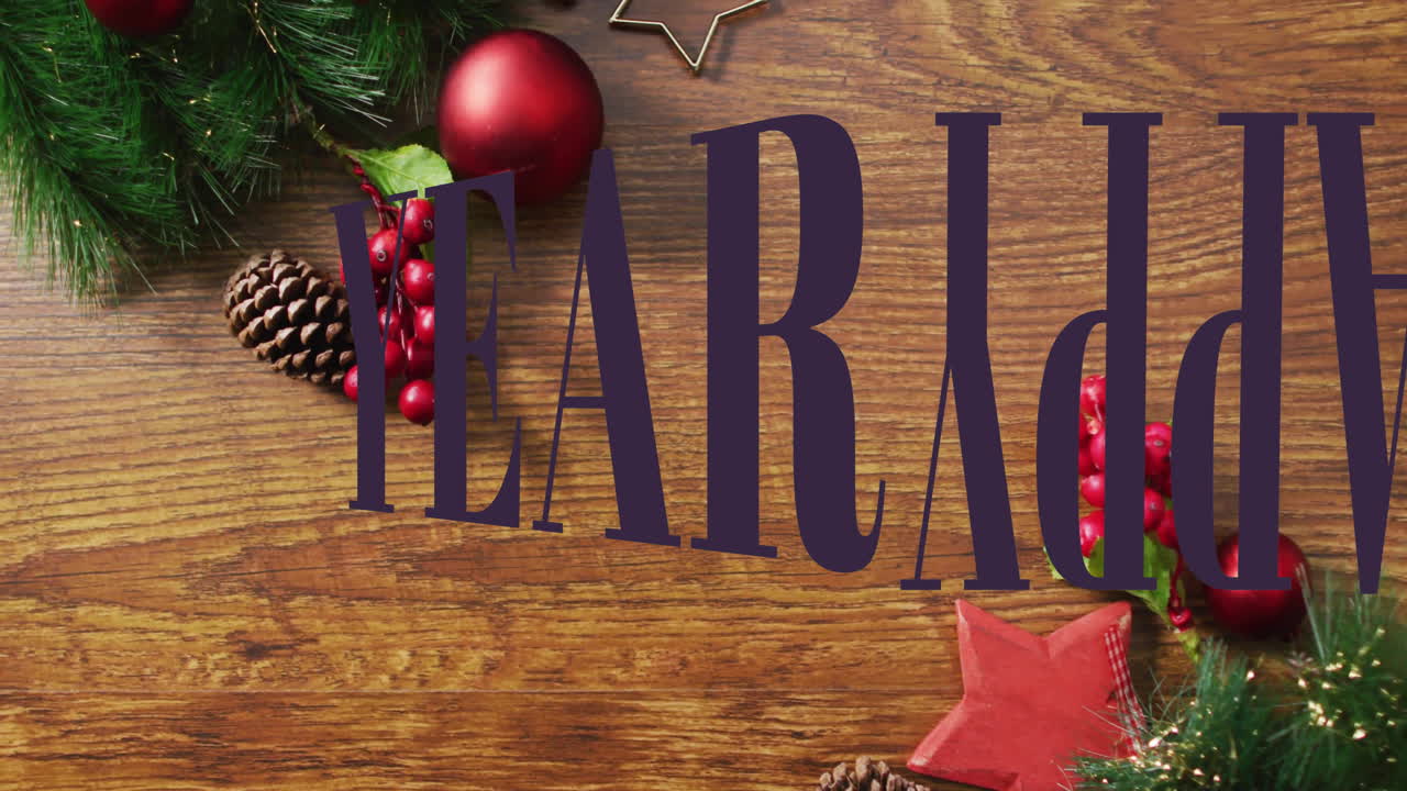 Christmas decorations with berries and stars over text animation on wood background