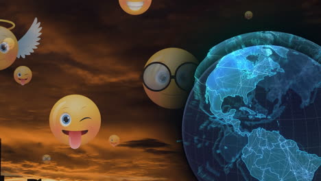 spinning globe and multiple face emoji icons floating against sunset sky in background