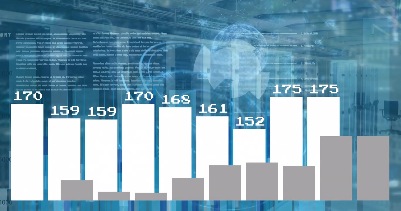 Animation of data processing and statistics on dark background