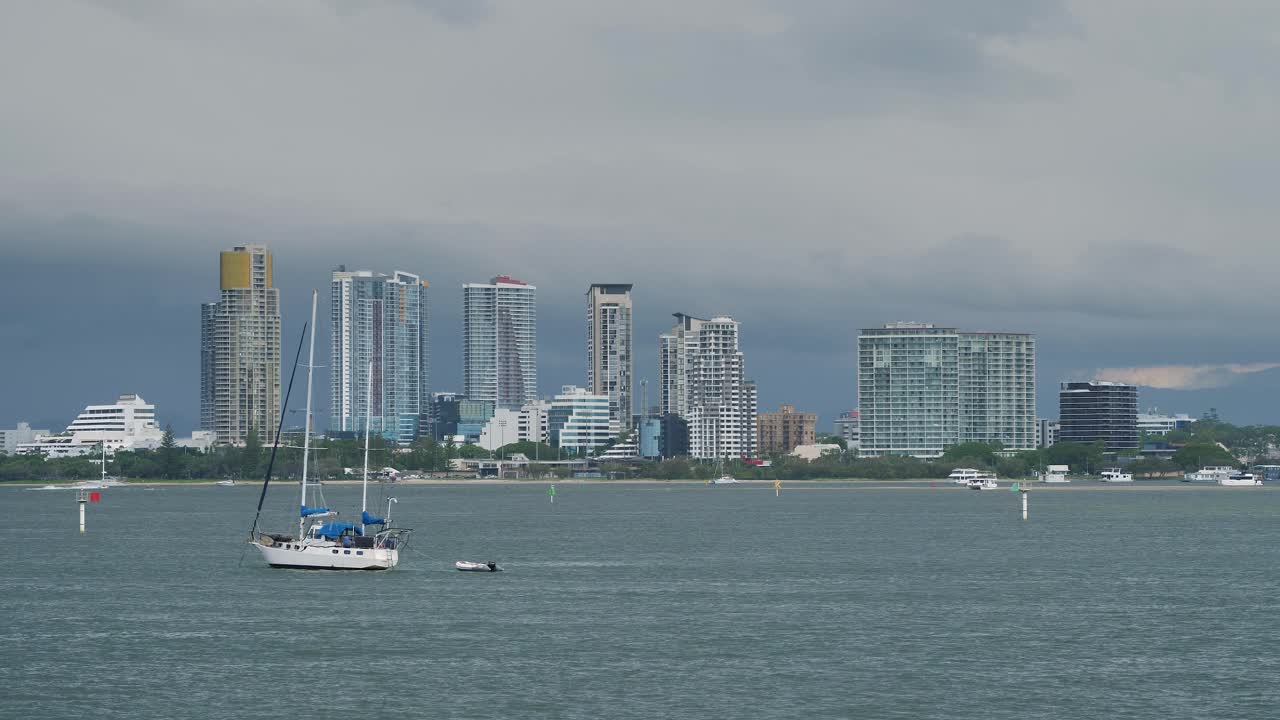 Medium view of stormy weather passing over Surfers Paradise and Southport near the Broadwater on the Gold Coast, Australia