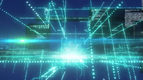 animación de senderos de luz verde, procesamiento de datos y punto de luz contra fondo azul.