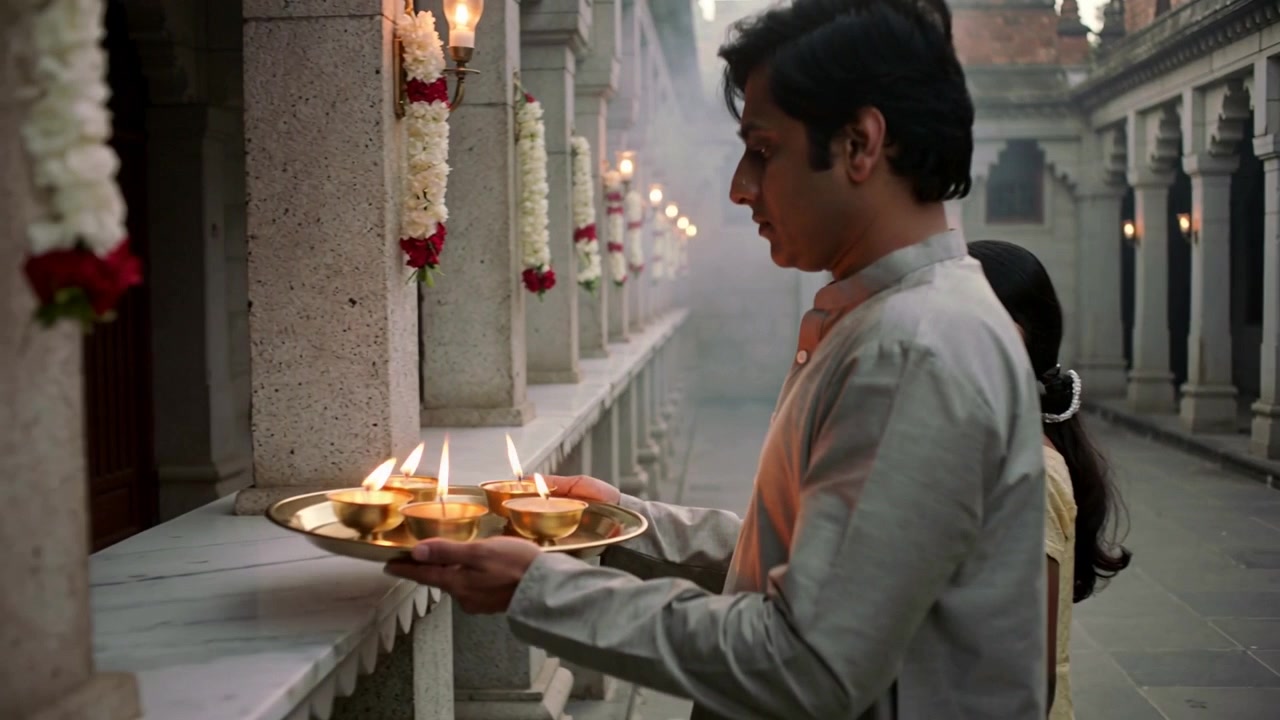 Stepping forward man offering aarti plate in temple aisle, praying, girl watching, copy space