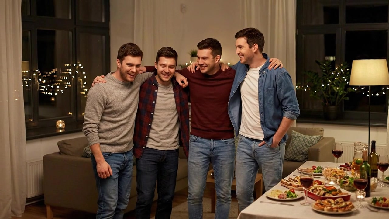 Gruppo di amici uomini che ridono e parlano a una cena