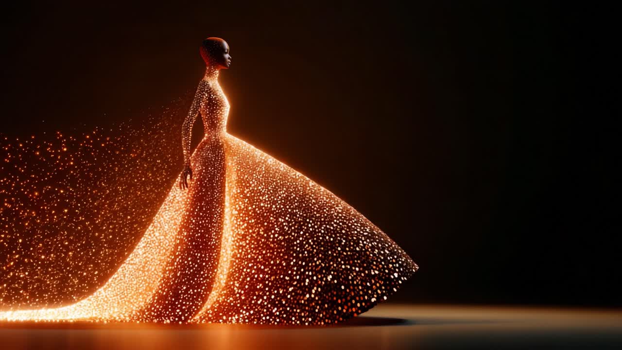 A mesmerizing figure adorned in a dazzling gown made of radiant particles glimmers gracefully, showcasing the enchanting interplay of light and silhouette evoking a sense of elegance and wonder