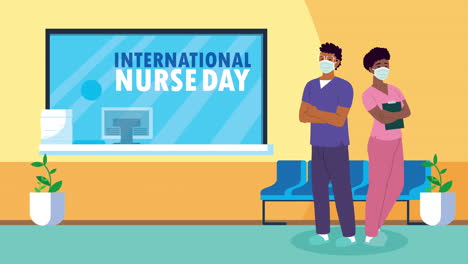 international nurse day lettering with nurses couple in hospital
