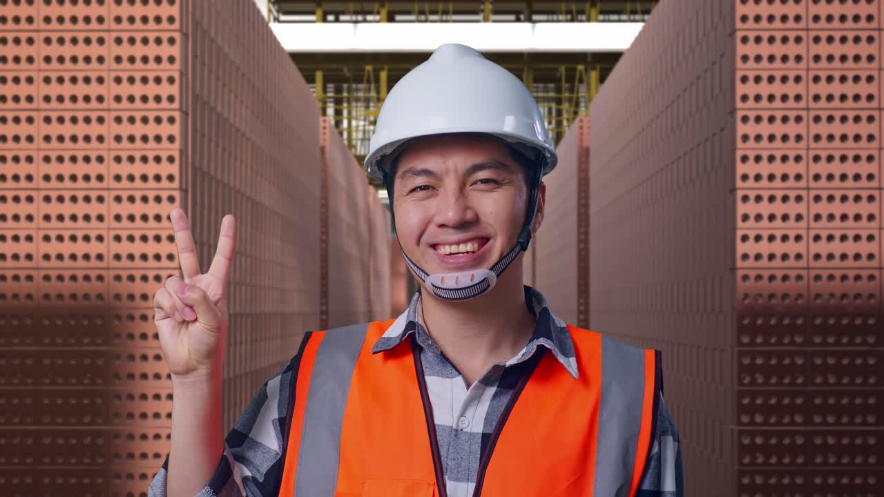 Close Up Of Asian Male Engineer With Safety Helmet Smiling And Showing Peace Gesture While Standing With Red Brick Packed in Stacks Are Stored