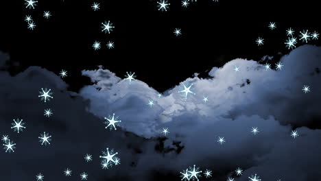 animation of snow falling over clouds at night