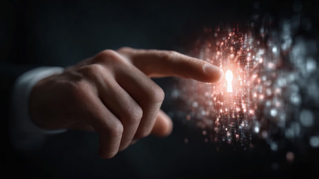 Destravando o Potencial: Uma Mão Alcança um Buraco de Fechadura Digital Luminoso, Simbolizando Acesso, Descoberta e a Interface Entre a Realidade e Possibilidades Virtuais