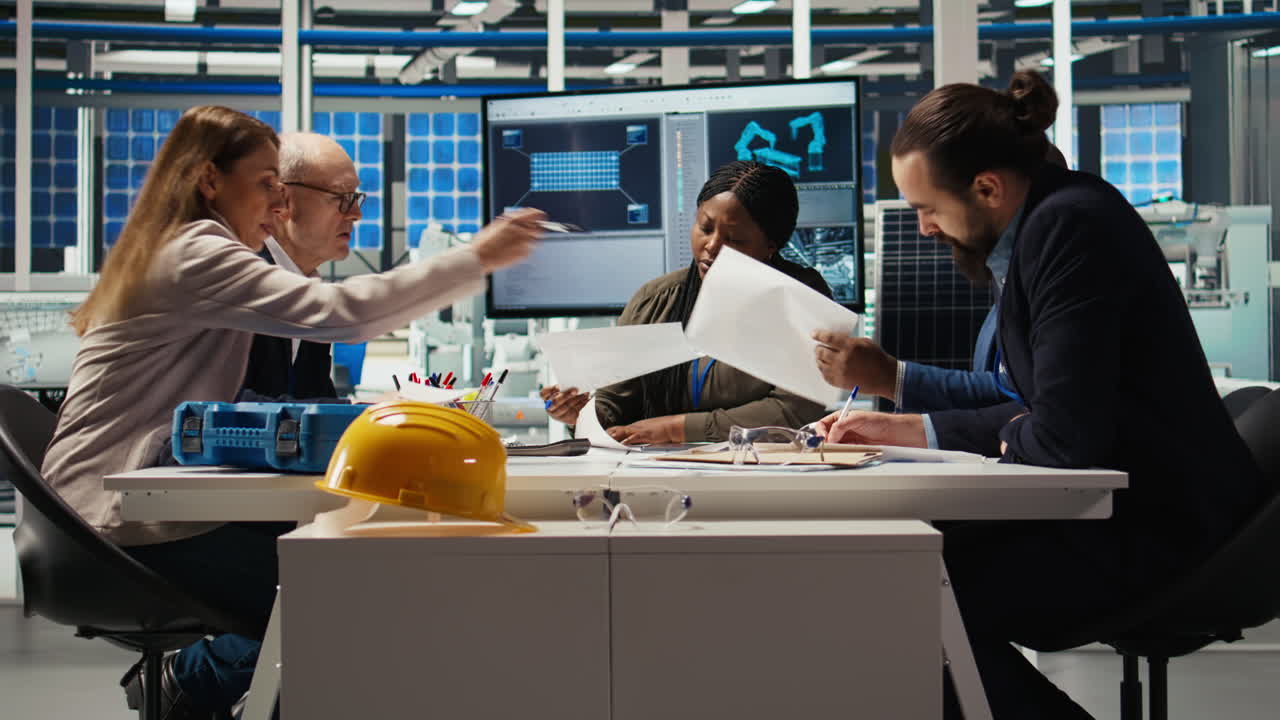 Industrial Plant Management Looking Over Paperwork And Schematics