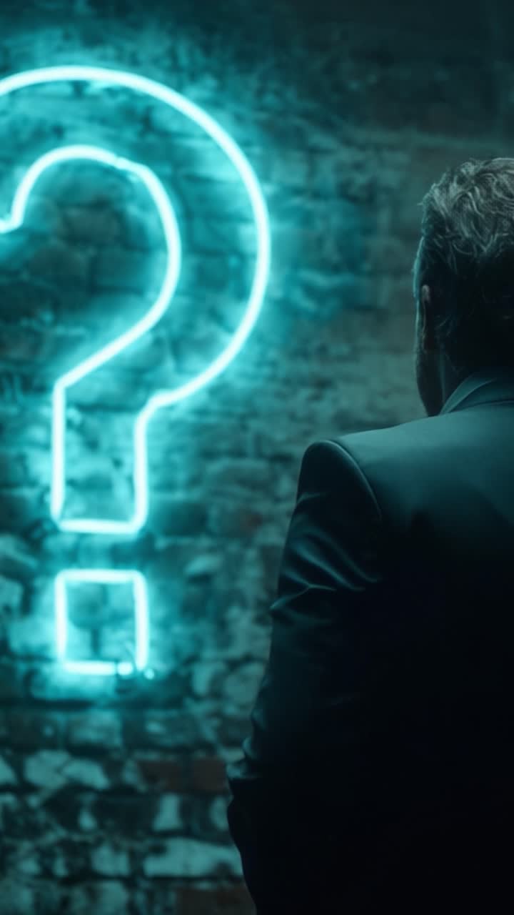 A Mysterious Encounter: A Man in Formal Attire Contemplates an Illuminated Neon Question Mark Against a Textured Wall in a Dimly Lit Setting