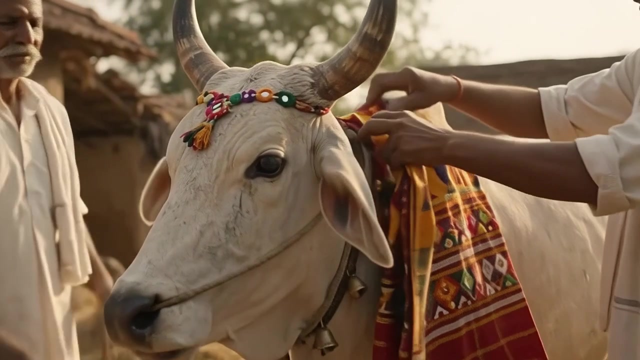 Contadini indiani che decorano una mucca zebu bianca in un villaggio rurale