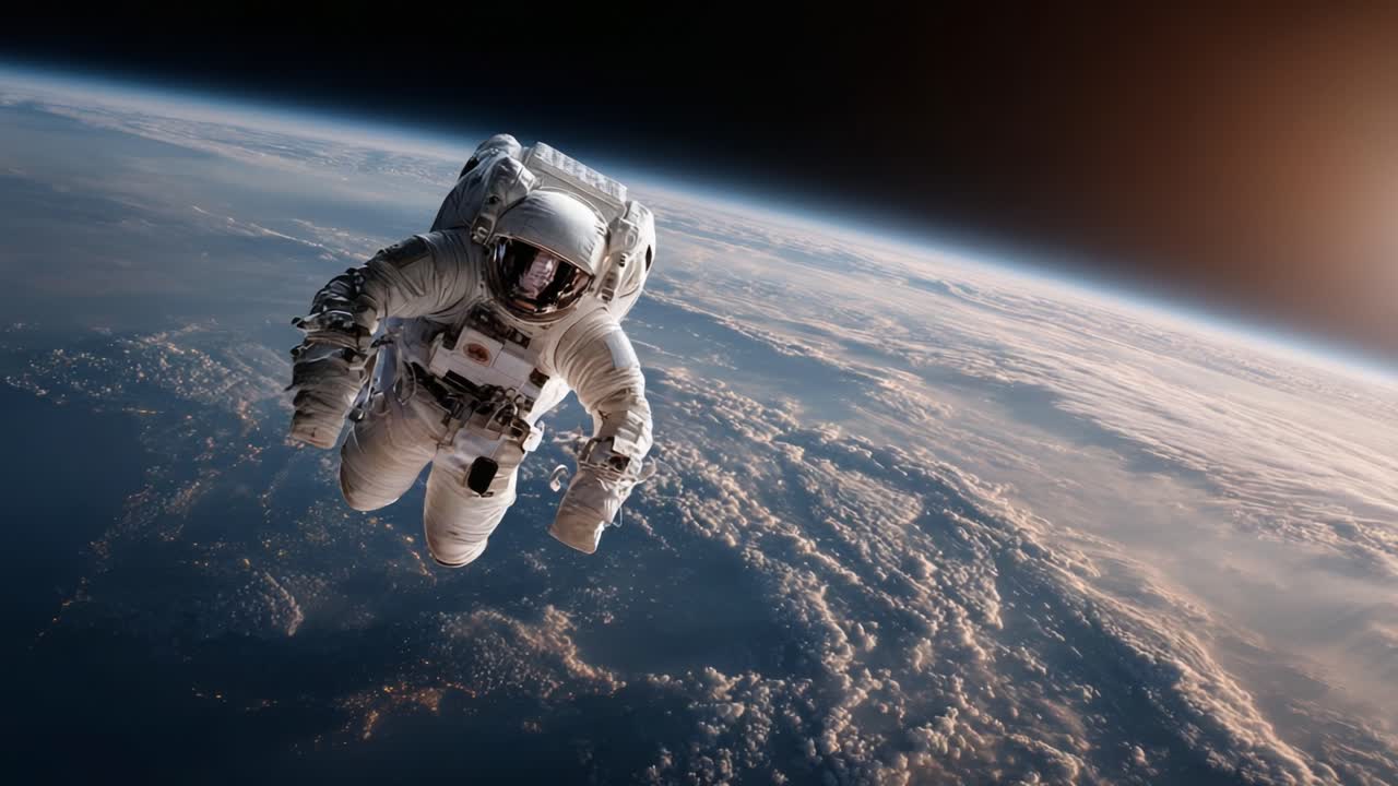 An Astronaut Floating in Space: A Glimpse of Human Exploration Beyond Earth, Surrounded by the Vastness of the Universe and the Beautiful Earth Below