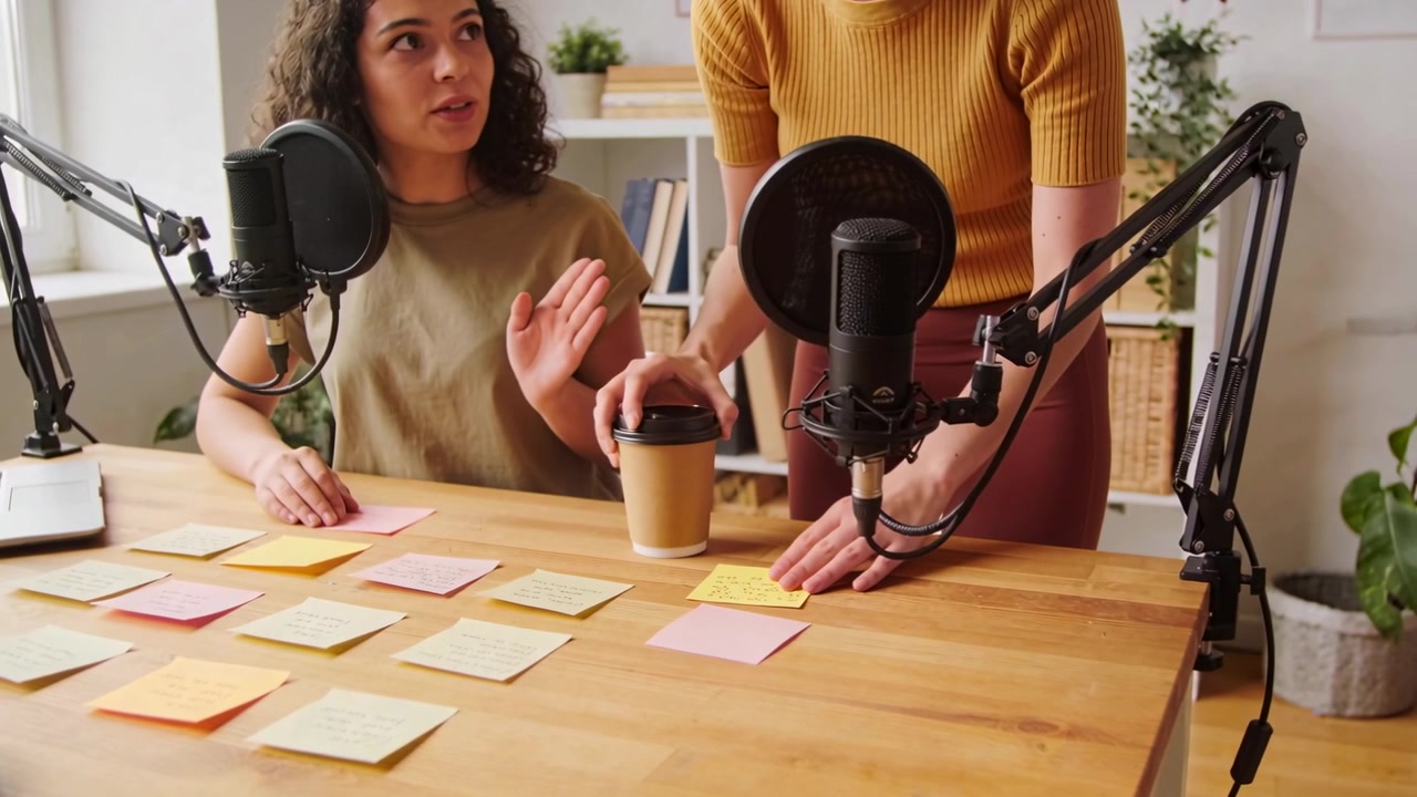 Conduttori in piedi e seduti che posizionano tazze di caffè, smistano post-it vicino ai microfoni a casa, pianificando idee.