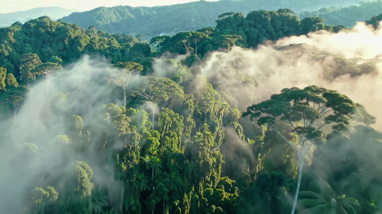 Aerial view of lush rainforest with mist rising, capturing the serene beauty of nature