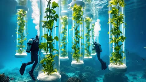 Scuba divers exploring marine greenhouse with vertical plant cultivation, underwater hydroponic research demonstrating sustainable agricultural innovation