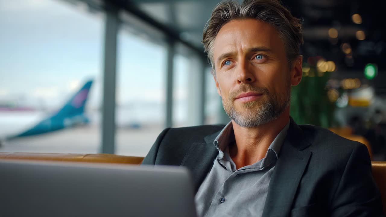 A thoughtful man engaging with his laptop in a modern airport lounge, reflecting the blend of travel and technology in a serene, stylish environment