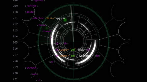 animation of digital data processing over network of connections and scope scanning