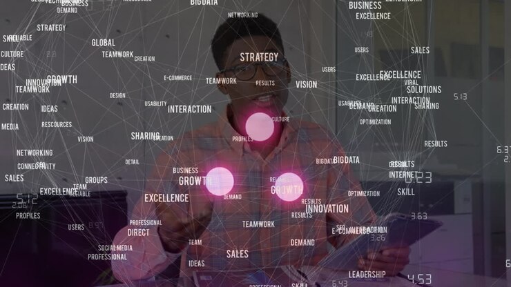 Animation of network of connections over biracial businessman in office