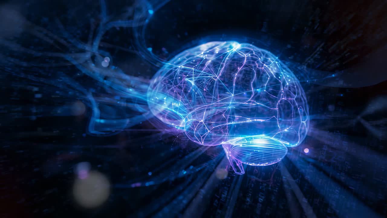 Holographic brain pulsing along network lines in void with filaments conveying data flow