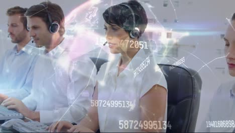 Animation-of-globe-and-numbers-changing-over-diverse-business-people-using-phone-headsets