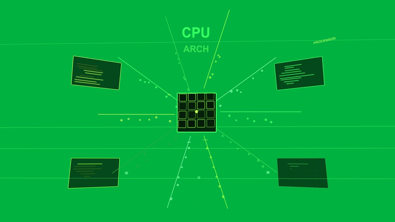 Black fading to neon grid, CPU pulsing and streaming data to panels, showing CPU ARCH, transparent