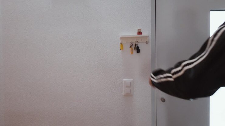 A man hangs his key on a wall-mounted hook next to the entrance door. Simple everyday moment symbolizing home organization, routine, minimalism, and daily life habits