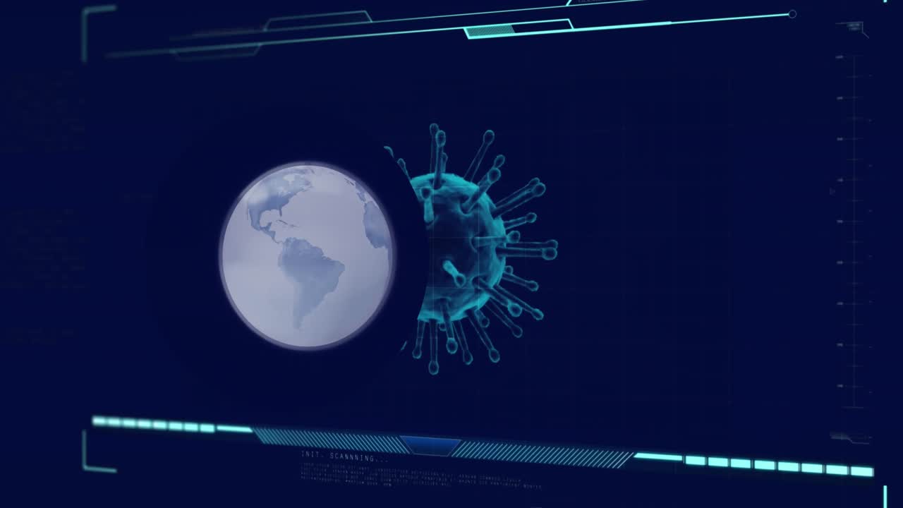 Animation of globe over data processing with virus cell on black background