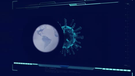 animation of globe over data processing with virus cell on black background