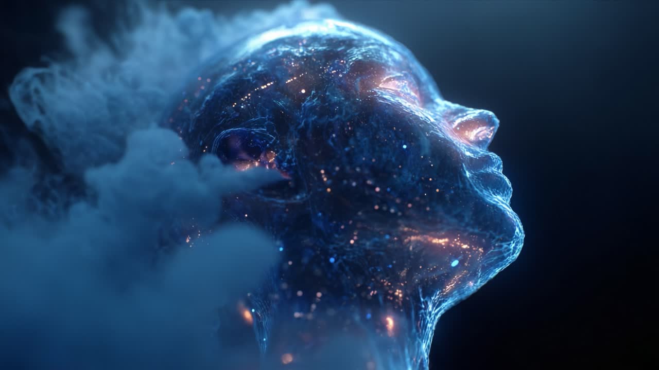 Una rappresentazione ipnotica di una figura eterea simile a un essere umano, circondata da elementi cosmici turbinanti, che mette in mostra una fusione di tecnologia e arte nel regno dell'immaginario digitale, evocando sensazioni di meraviglia e creatività