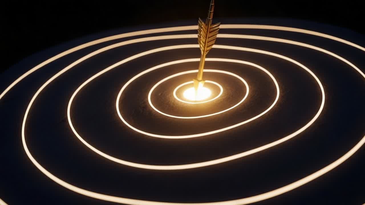 An Impressive Display of Precision: An Arrow Perfectly Sticking at the Center of Circular Light Patterns, Representing Focus and Target Achievement