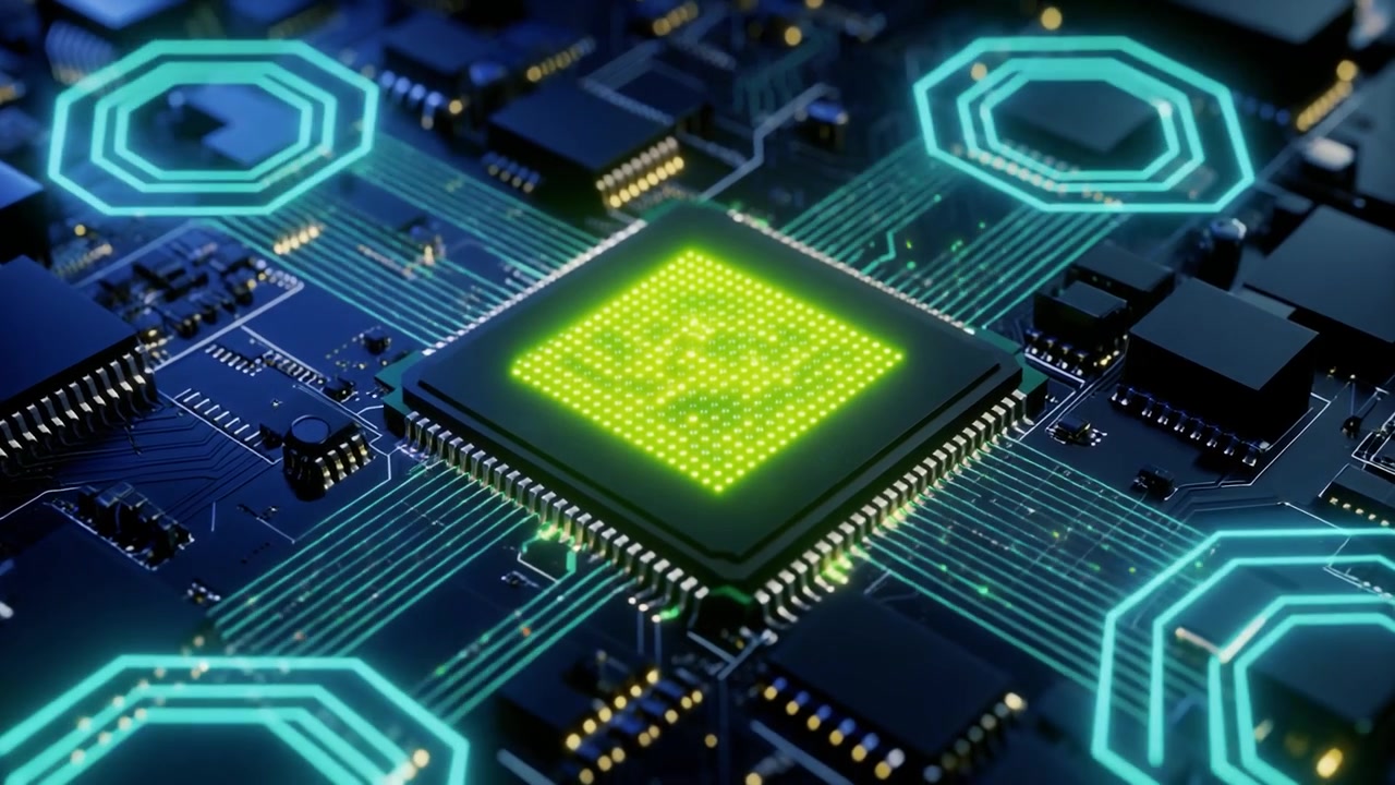 Glowing Central Processor Unit on a High-Tech Circuit Board