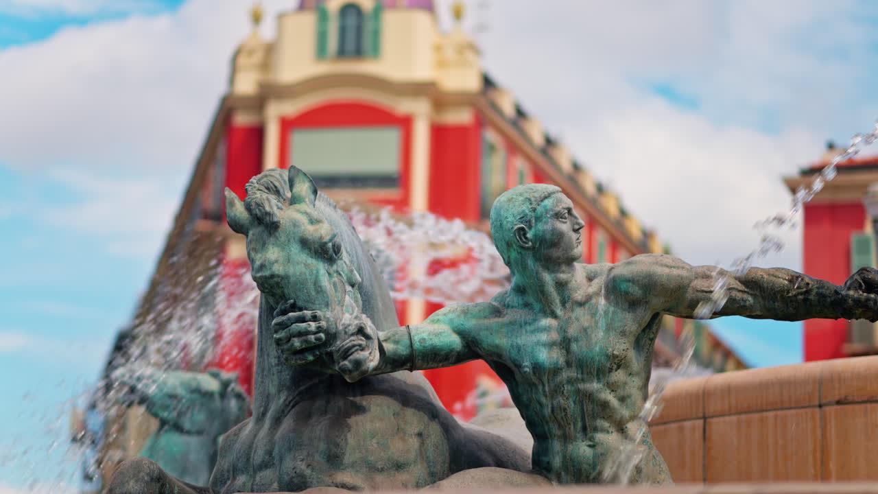 Nice, France - May 12, 2025: Close up of the Sun water fountain in the Massena Square in daylight