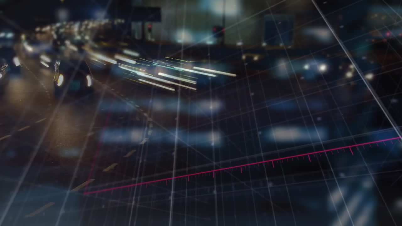 데이터 프로세싱, 다이어그램 및 증권 시장의 애니메이션 밤에 도시