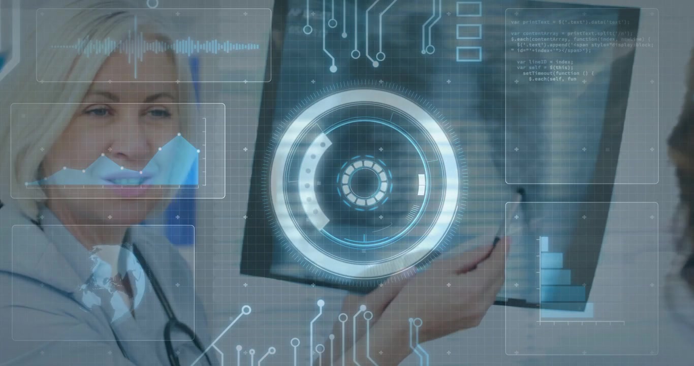 Vertical video: Entering doctor in coat with stethoscope, showing Xray and results in exam, HUD