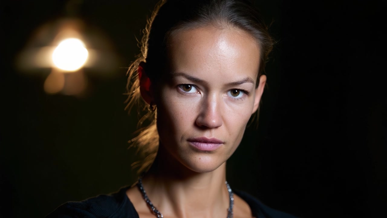 Un Ritratto Emotivo Ravvicinato di una Donna in Luce Soffusa, che Cattura Intensità e Riflessione nei Suoi Tratti Espressivi e nella Sua Postura Pensierosa