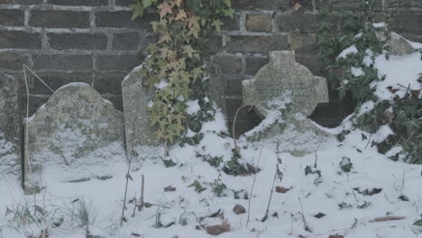 snow covered headstones in graveyard, overgrown with ivy against red brick wall