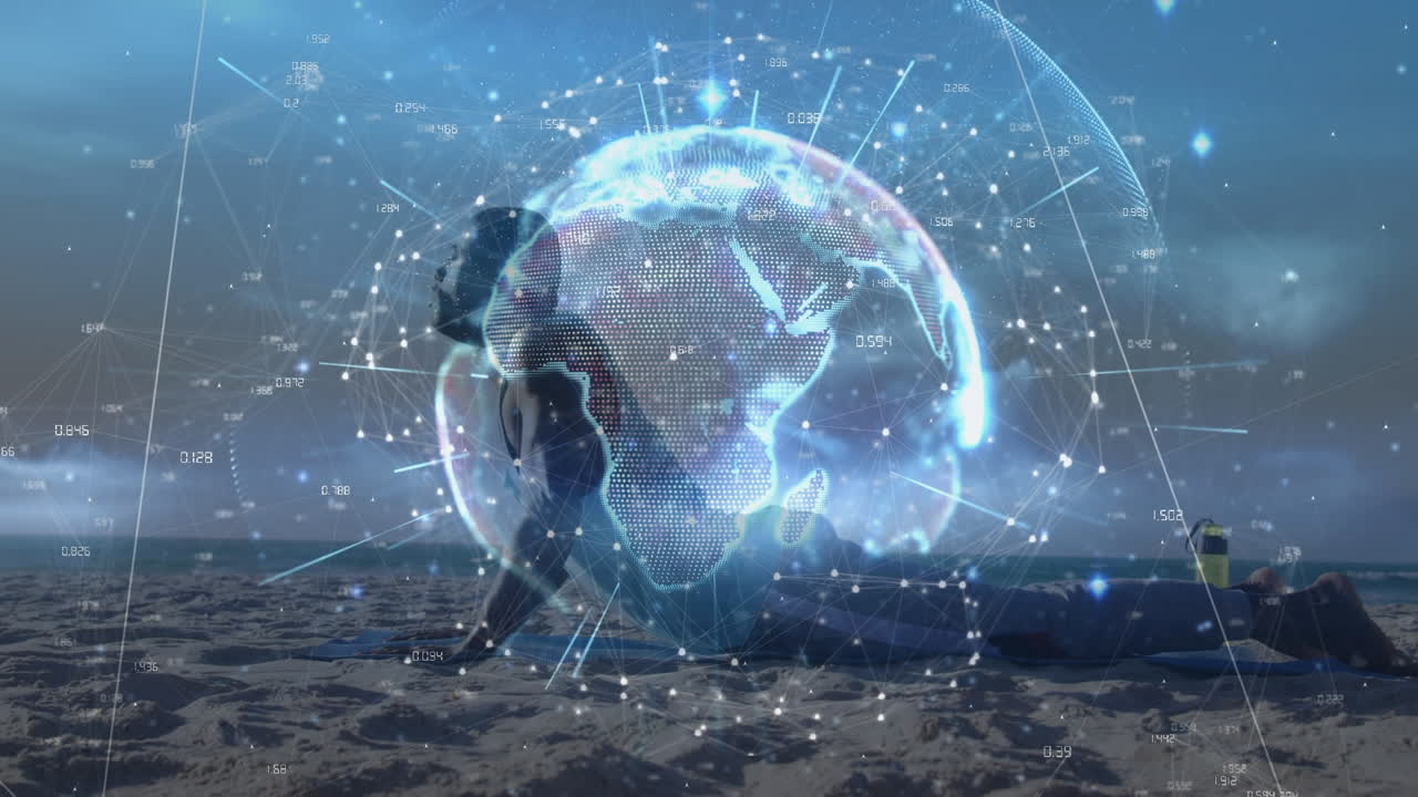 animación de un globo giratorio contra un hombre en forma afroamericano realizando flexiones en la playa