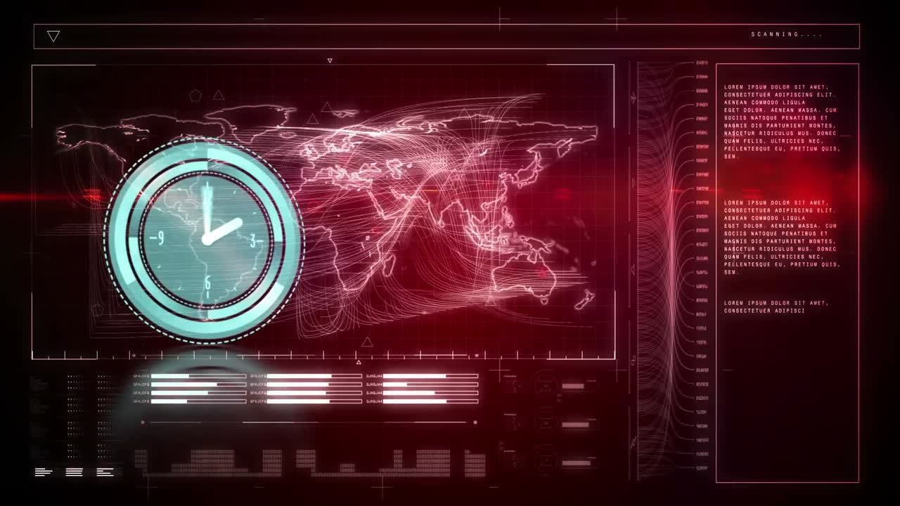 animación del reloj que se mueve sobre el procesamiento de datos y el mapa del mundo sobre fondo negro
