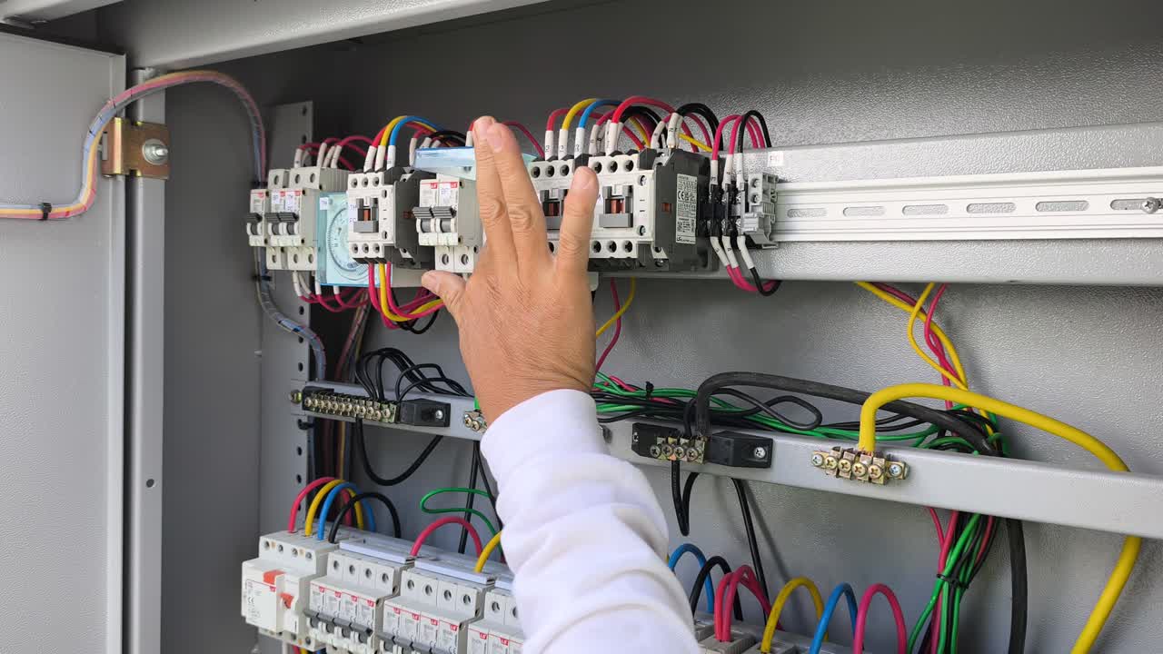 A close-up view of the inner workings of an electrical distribution board. The panel displays various essential components, including fuses, circuit breakers, and wiring, managing the power supply