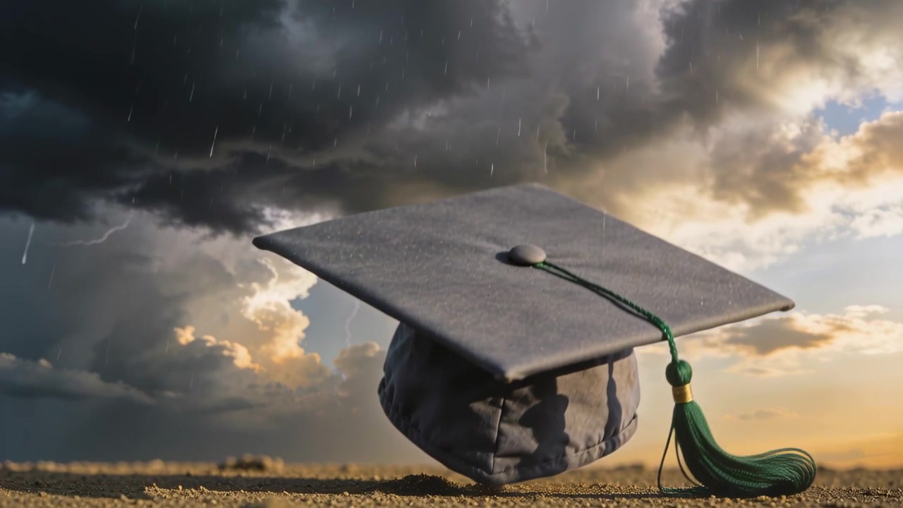 Un tocco (cappello da laurea) che fluttua e ruota, cadendo verso una pianura sabbiosa dopo un fulmine, con la nappa verde che oscilla.