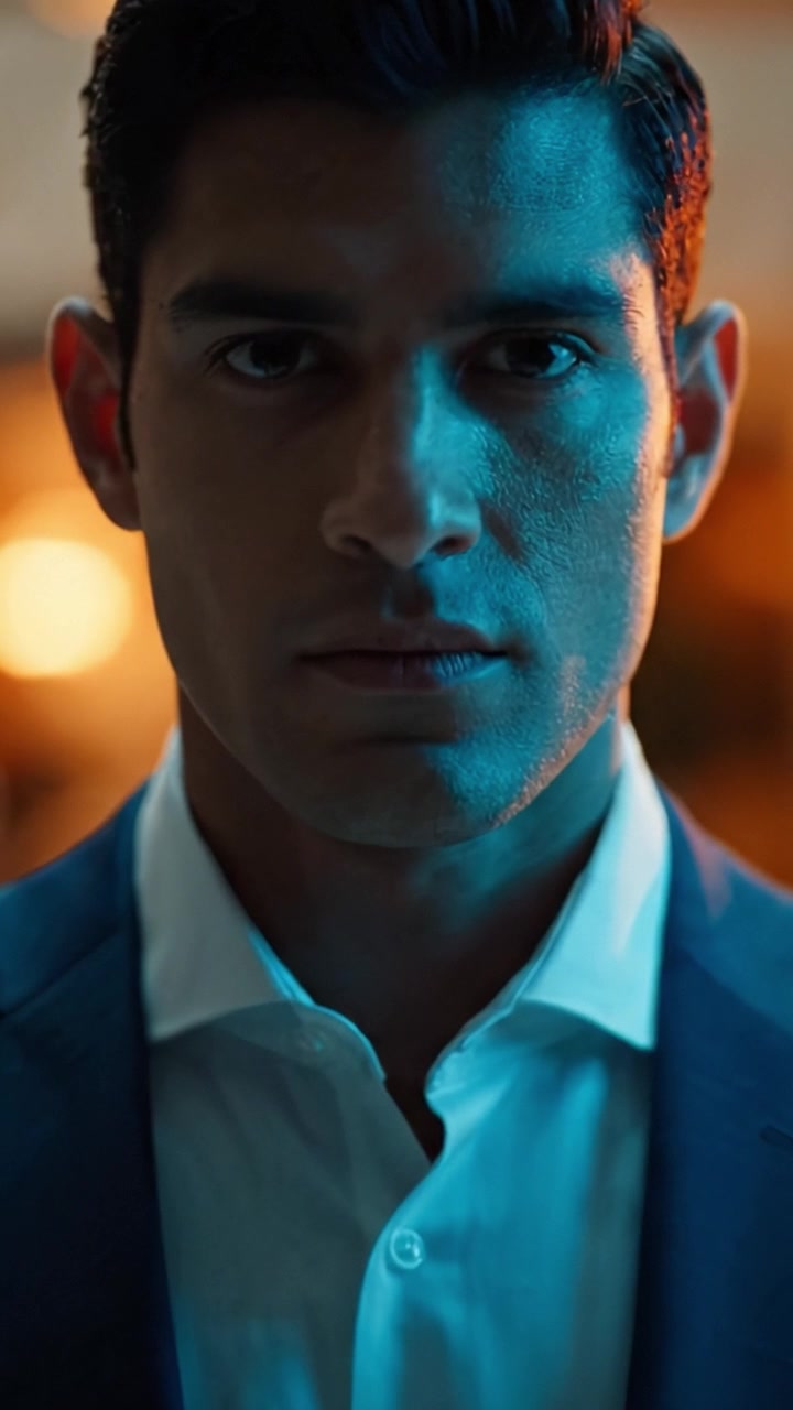 Un ritratto sicuro e accattivante di un uomo elegante in abito formale, che emana carisma e intensità sotto un'illuminazione drammatica in un primo piano focalizzato.