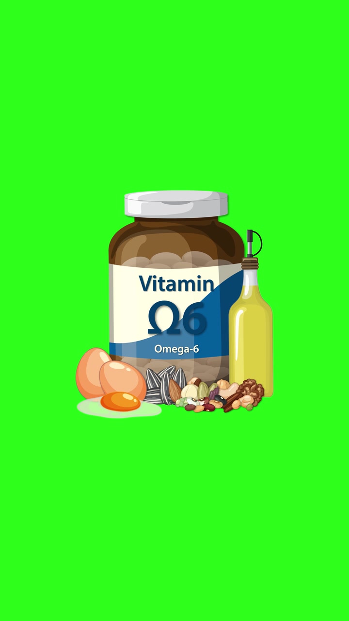 Flacone di vitamine Omega-6 appare con uova, noci, semi e olio su uno sfondo verde brillante.
