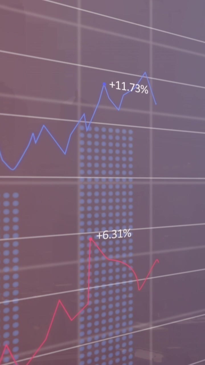 Animation of multiple graphs with changing numbers over fog covered modern city