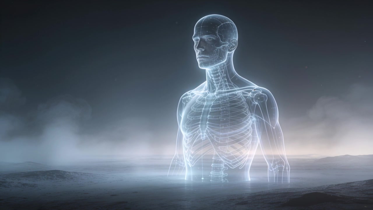 De projector wordt aangezet, een hologramlichaam vormt zich, gloeiend op een mistige vlakte met drie lichten, voor een medisch laboratorium.
