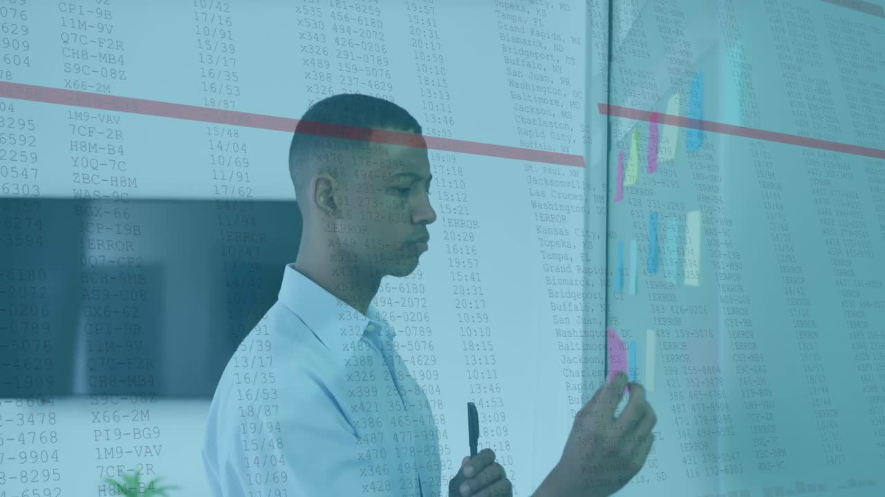 Animation of data processing against african american man sticking memo notes at office